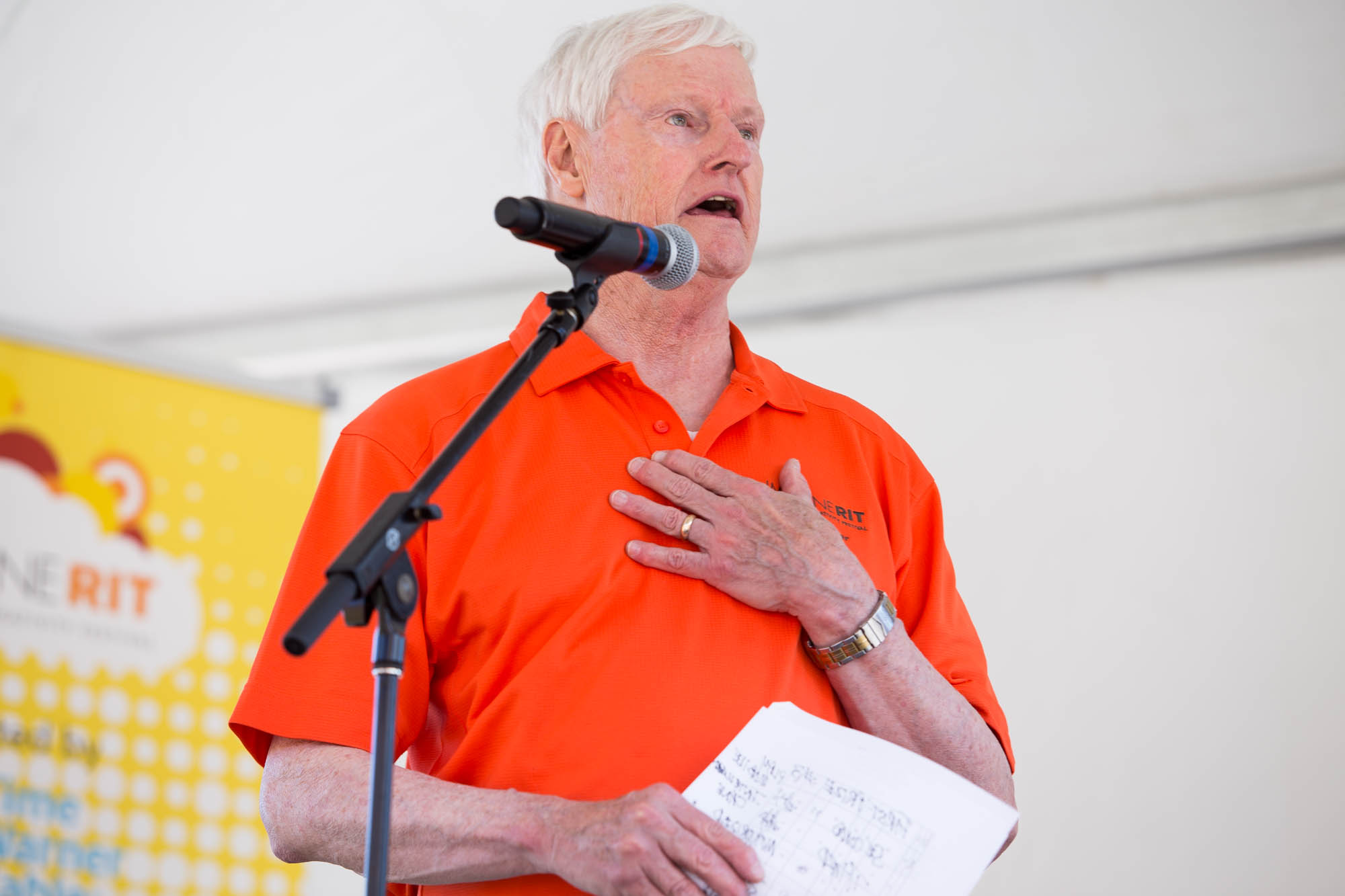 President Bill Destler speaks during the opening ceremony during Imagine RIT: Innovation and Creativity Festival on the Rochester Institute of Technology campus in Rochester, N.Y., May 7, 2016. (Photo by Emily Hunt)  #imaginerit #ritpj