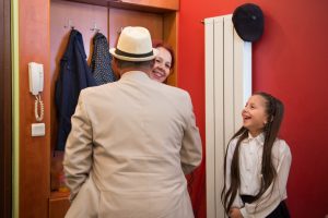 Mr. Zeka returns home from the morning prayer to begin celebrations for Bajram on July 5, 2016. When he returns home he greets his family and is tradition to give money to all of the children in a house.