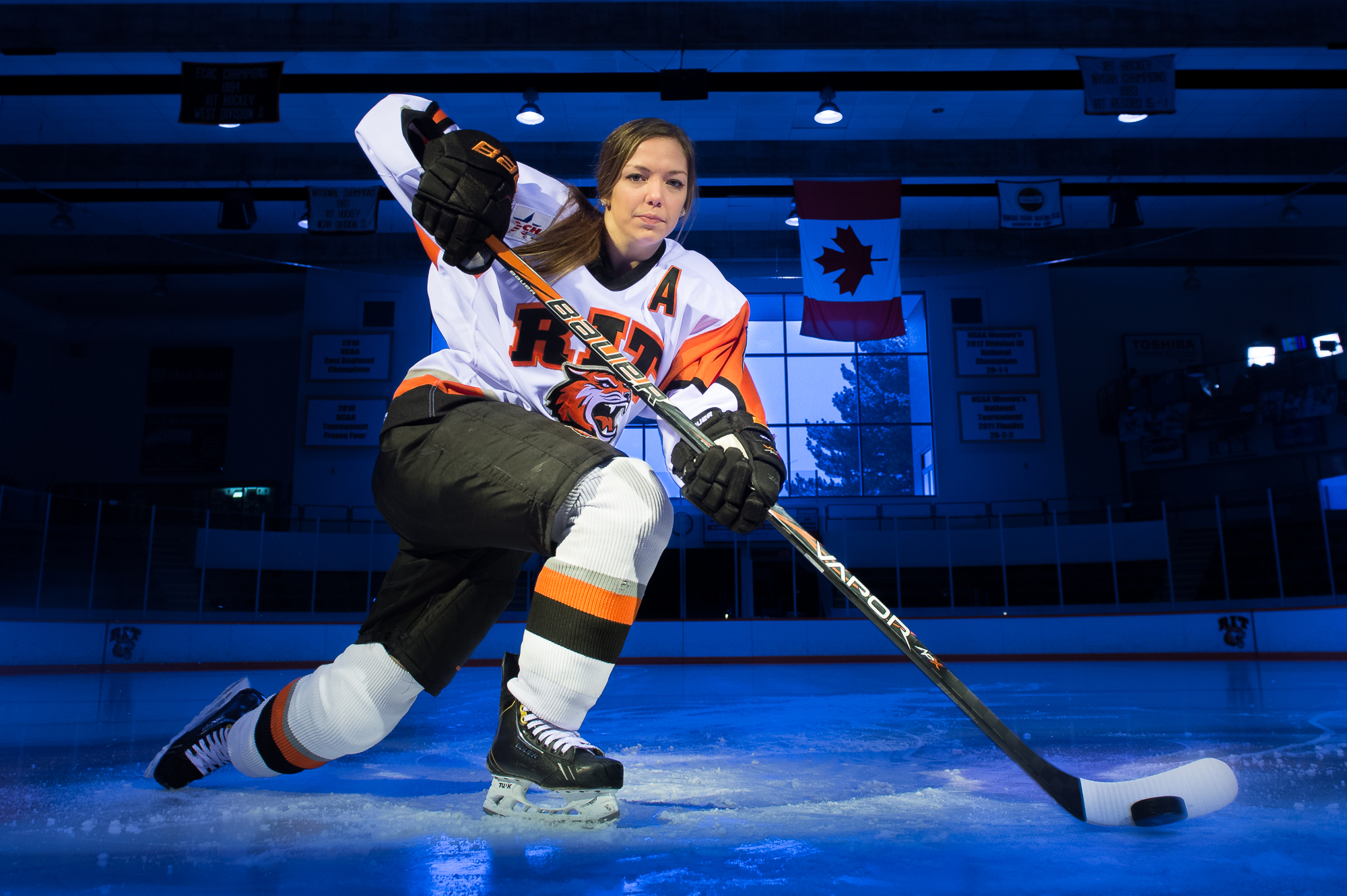 Tenecia Hiller, a senior forward and assistant captain on the Rochester Institute of Technology women's hockey team, was photographed at Ritter Arena on the university's campus in Henrietta, N.Y., on Friday, Feb. 8, 2013. Hiller is a native of Brampton, Ontario majoring in Biology.