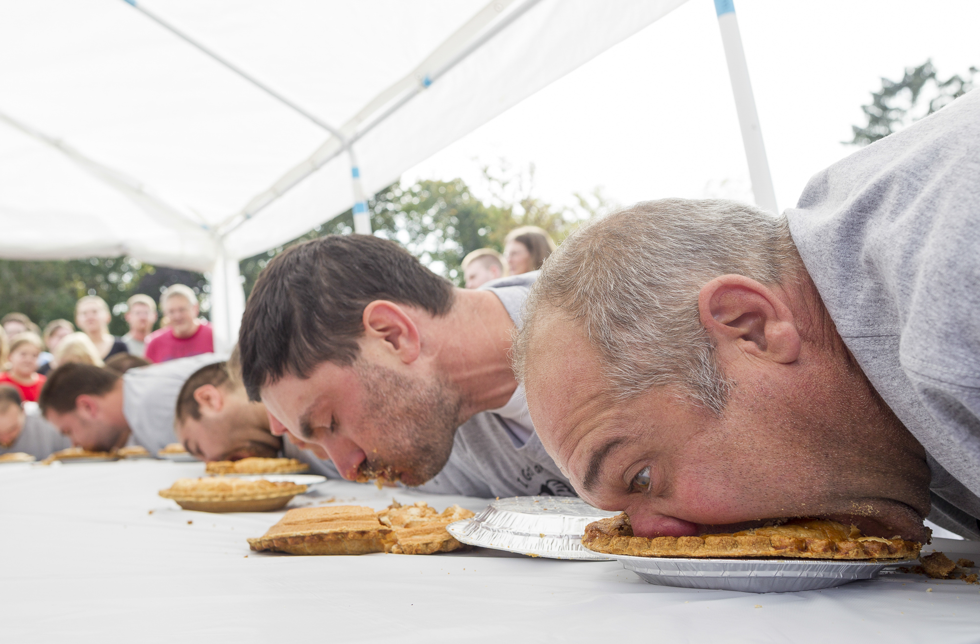 Doug (right) competes in the annual pie eating contest hosted by Apple Fest in Hilton, New York on Sunday October 6, 2013. Photo by Tom Brenner. 