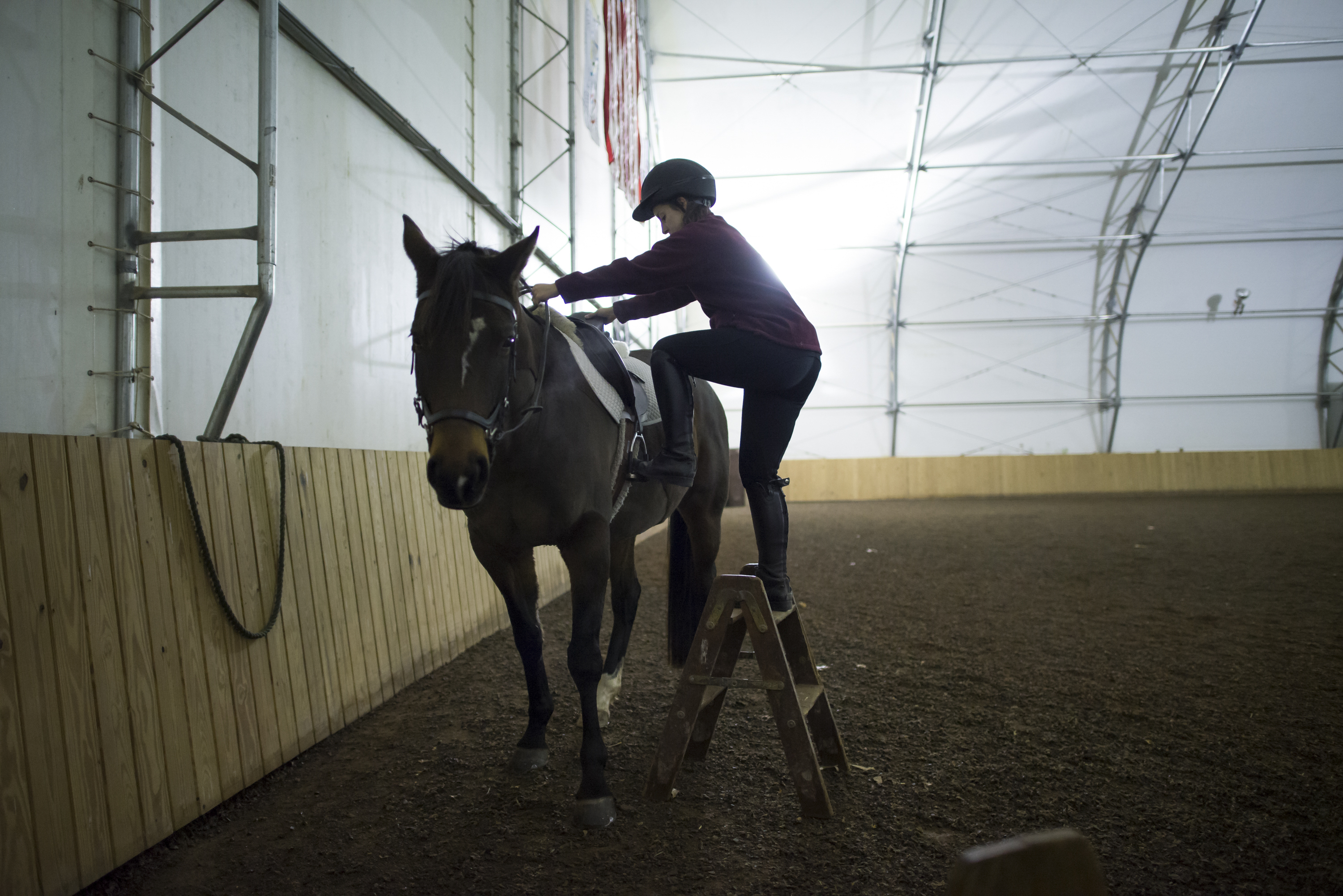 Sara Taylor mounts Cora, the horse she is taking care of while her owner is in the process of moving, at Wehle Farms, on November 16th, 2014.