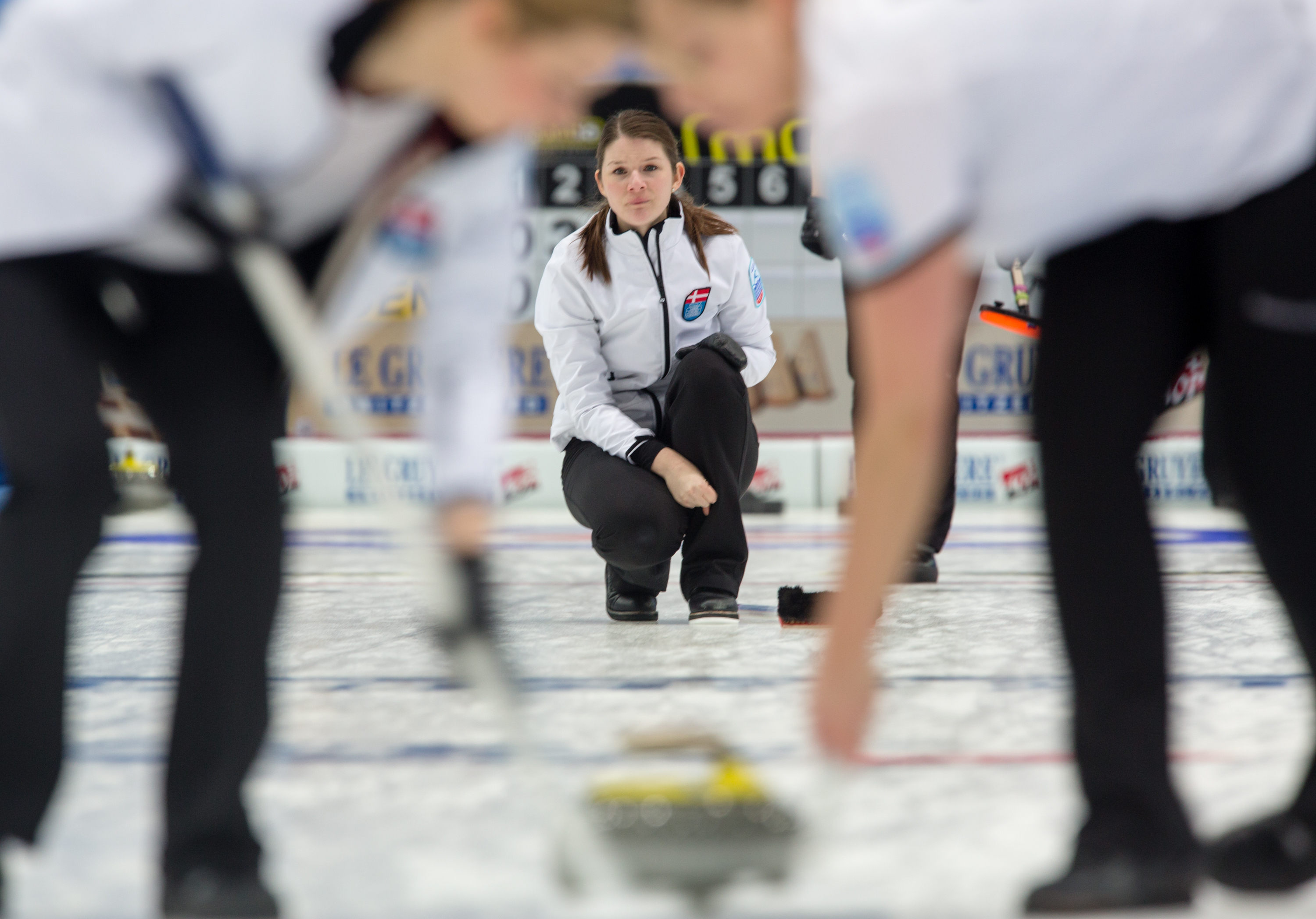 Lene Nielsen, the Denmark Skip, watches a stone she threw travel down the ice at the Le Gruyère European Curling Championships on 11/23/2014. Denmark ended up in 4th place after losing to Scotland 8 to 4 in the bronze medal game.