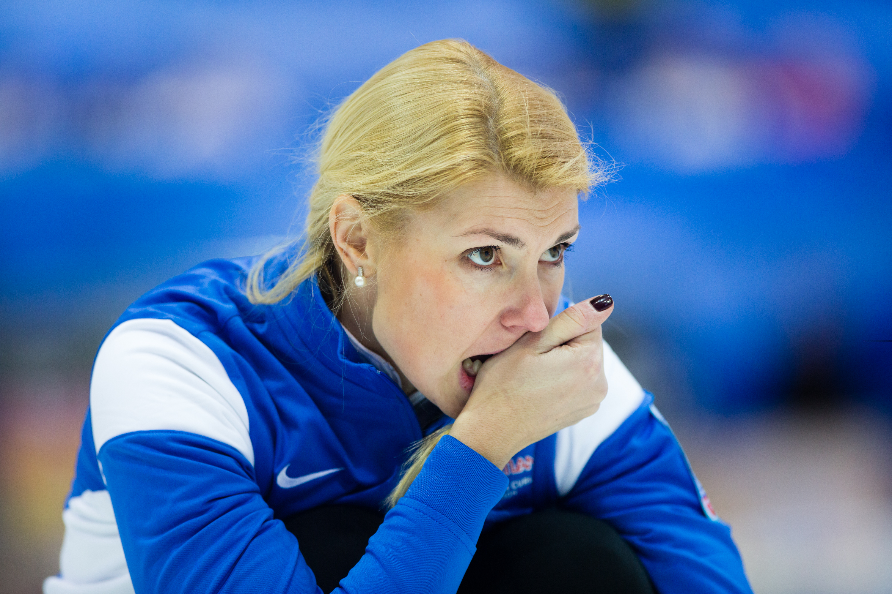 Maile Moelder, the Estonian Skip, watches a stone she threw travel down the ice at the Le Gruyère European Curling Championships on 11/25/2014. Estonia ended up in 8th place with a record of 2 and 7.