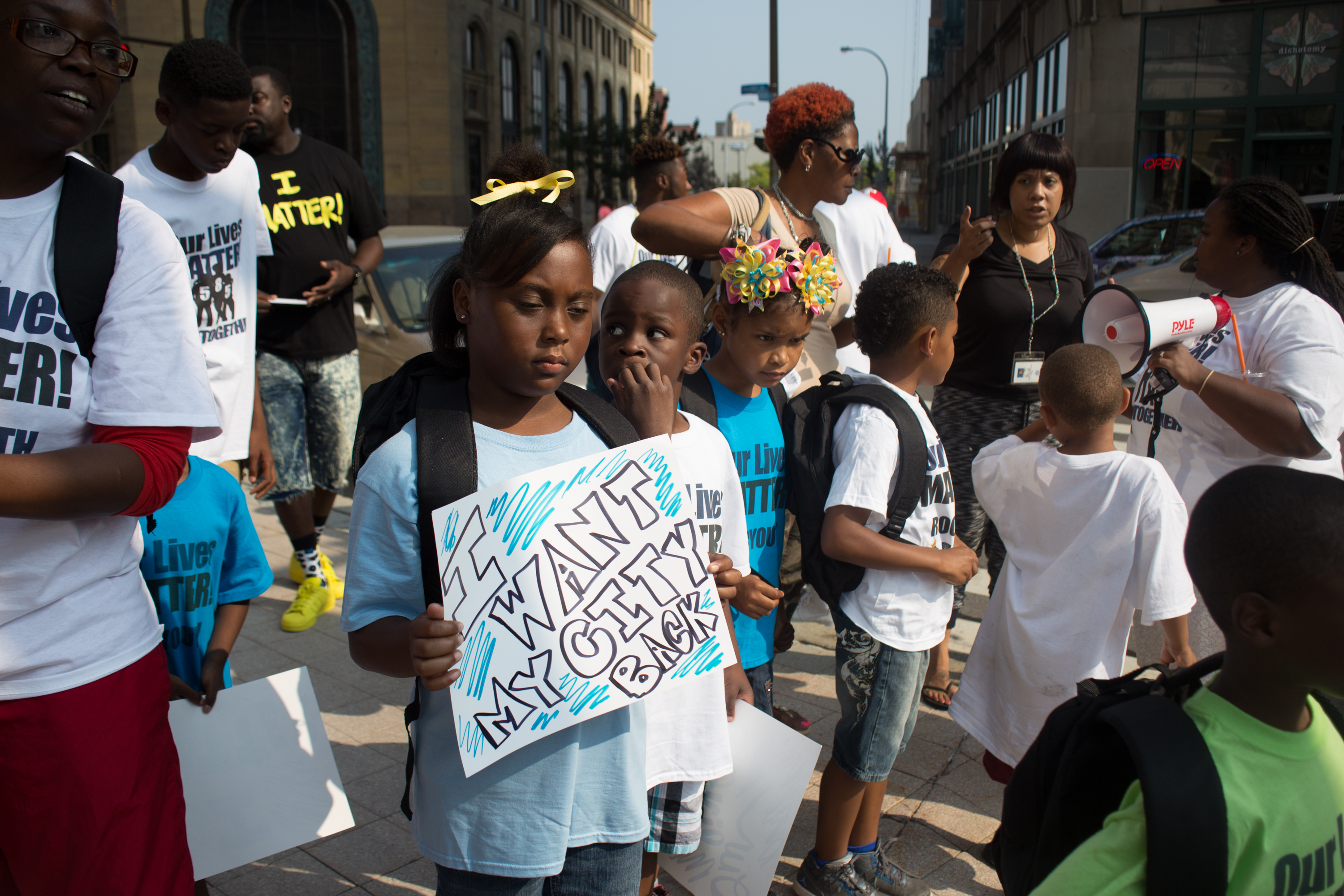 Children march in a Stop the Violence rally at the Liberty Pole in Rochester, N.Y. on Sept. 5, 2015.  As a back-to-school event, the youth walked around downtown reminding people of the pressing issues of violence in the city.