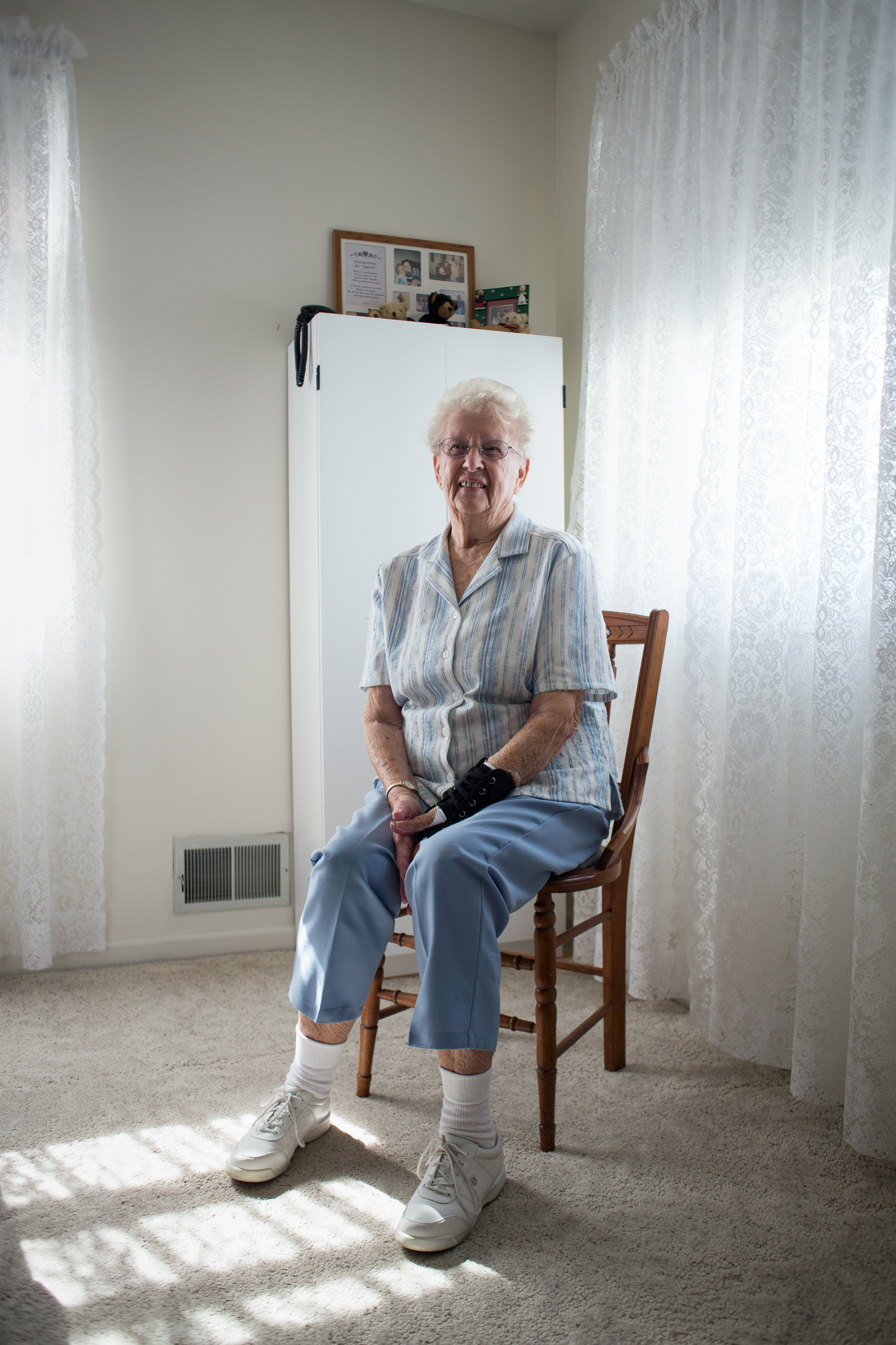 Eileen Enter, 89, poses for a portrait in her home, located at Fairport Baptist Nursing Homes' independent housing complex, on September 26, 2015 in Fairport, N.Y. Eileen has been married to her husband for 62 years; on that she said while laughing, "We had one good year, be we can't remember which one!"