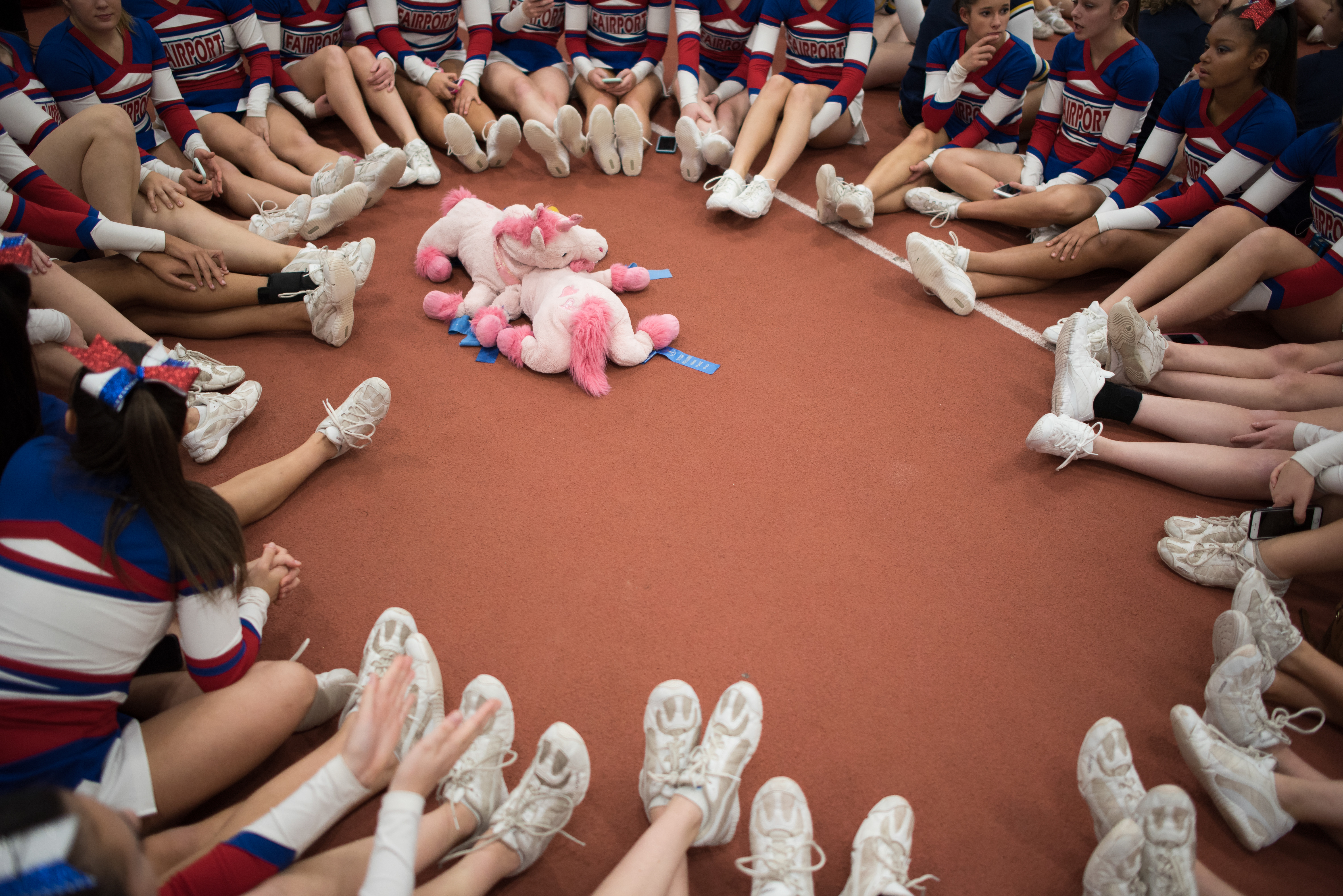 The Fairport High School Cheerleading team sits in a circle around their lucky stuffed unicorns waiting for the results of the Section V Cheerleading Fall Sectionals held at Rochester Institute of Technology's Gordon Field House Oct. 31, 2015 in Henrietta, N.Y. The team has had their lucky unicorns for around 10 years, and they refuse to wash them. The Fairport High School cheerleading team won first place in the Division I Large category.